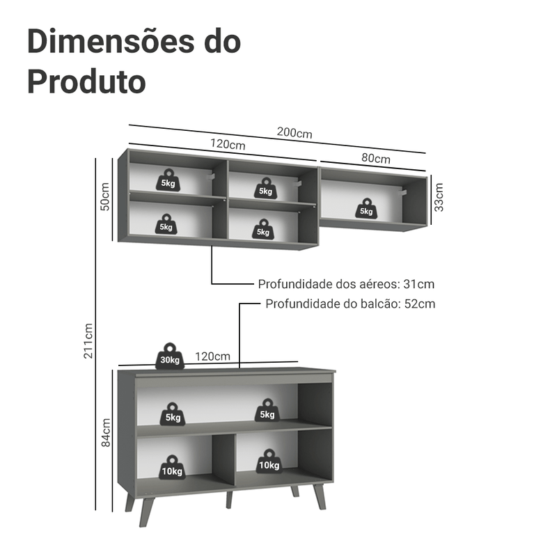 Armário de Cozinha Compacta 200cm Cinza Nice Madesa 01