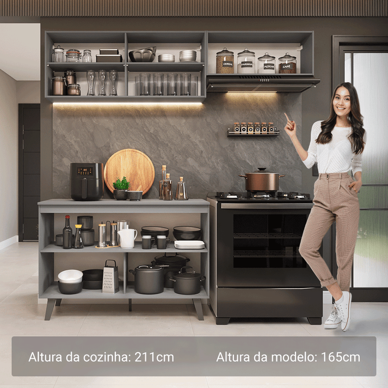 Armário de Cozinha Compacta 200cm Cinza Nice Madesa 01