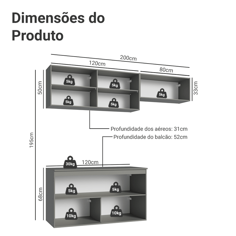 Armário de Cozinha Compacta Suspenso 200cm Cinza Nice Madesa 02