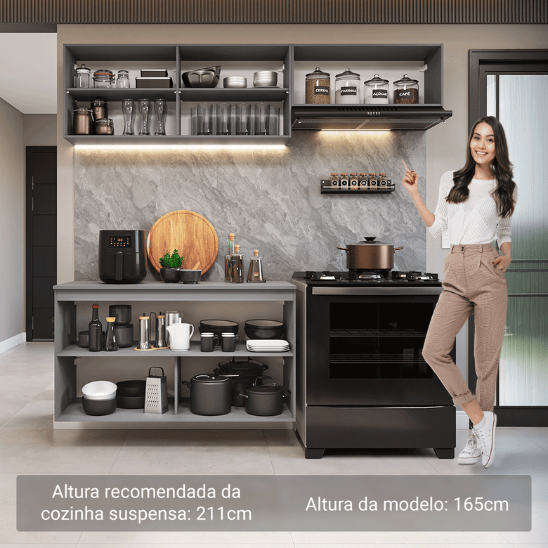 Armário de Cozinha Compacta Suspenso 200cm Cinza Nice Madesa 02