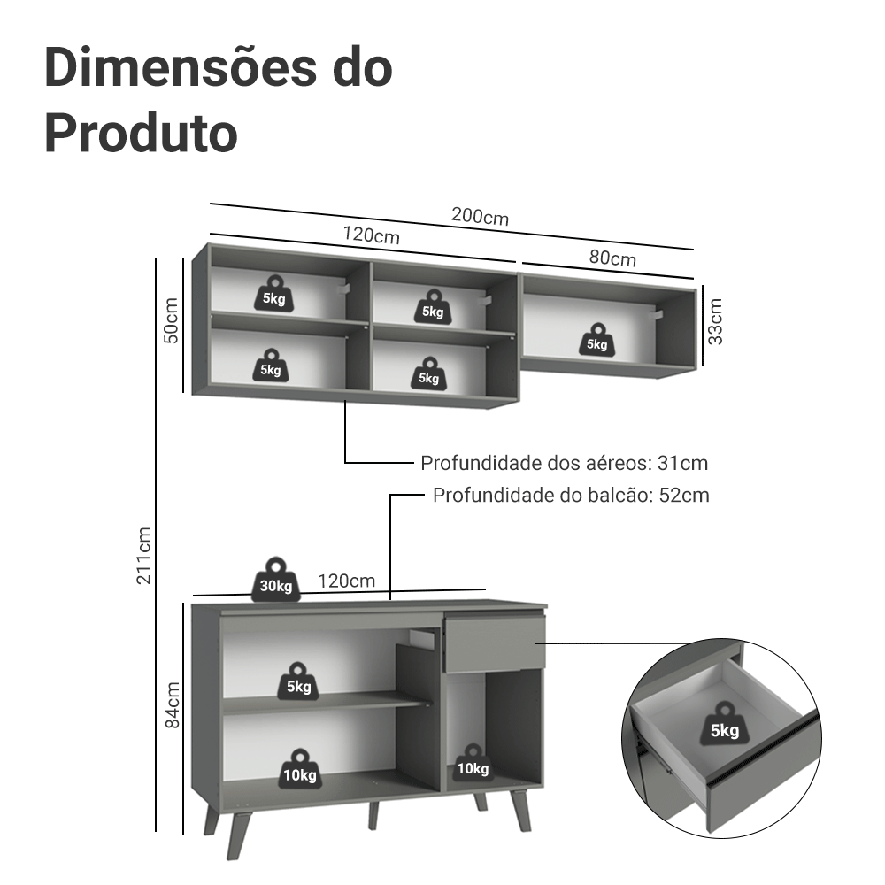 Armário de Cozinha Compacta 200cm Cinza Nice Madesa 03