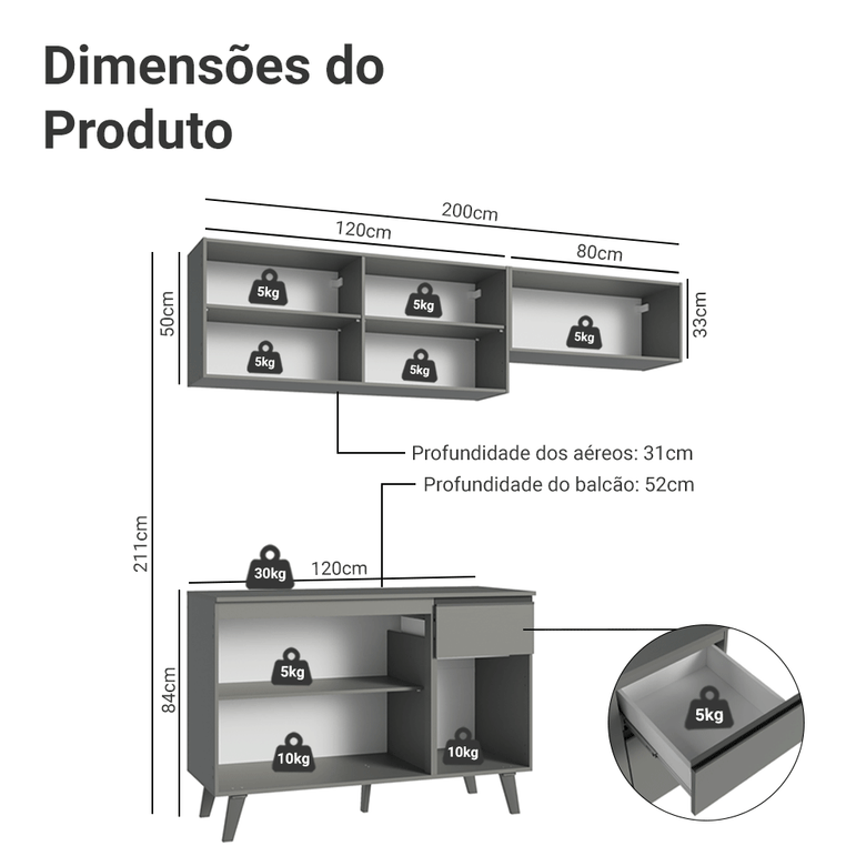 Armário de Cozinha Compacta 200cm Cinza Nice Madesa 03