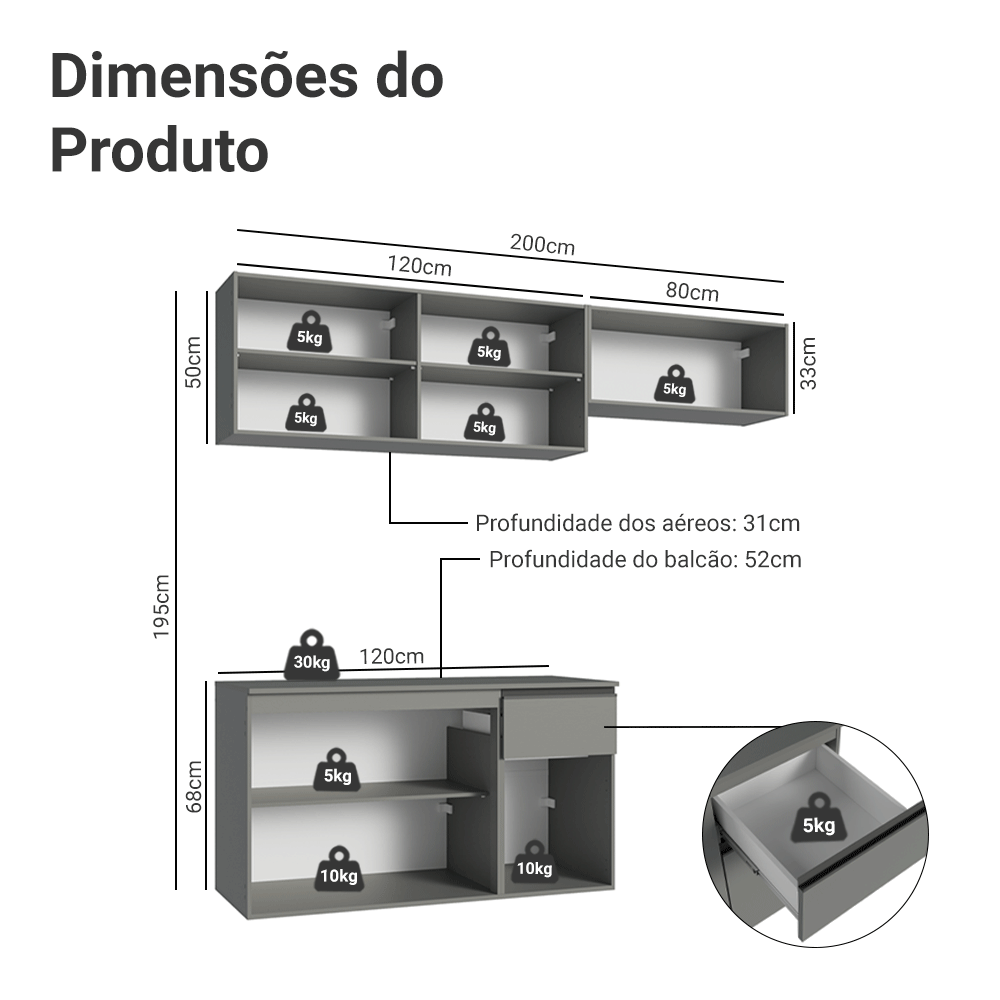 Armário de Cozinha Compacta Suspenso 200cm Cinza Nice Madesa 04