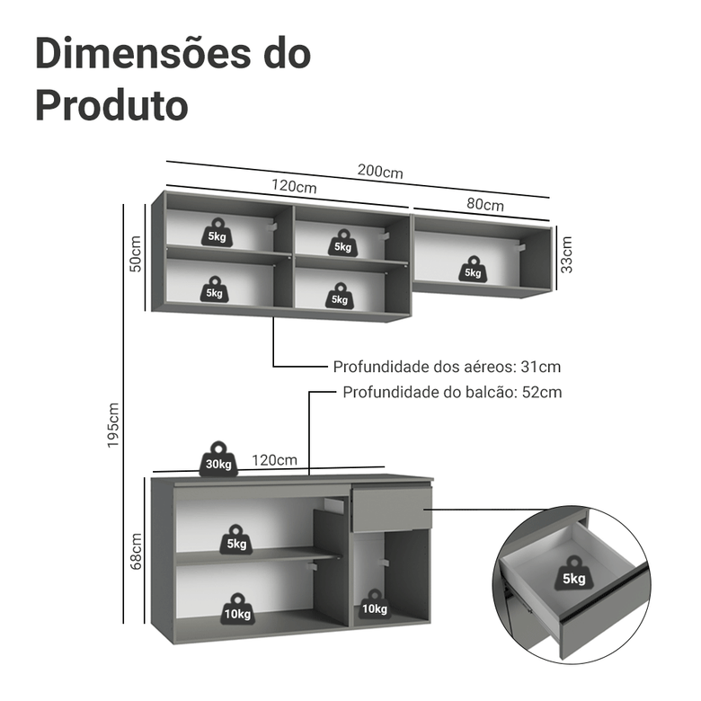Armário de Cozinha Compacta Suspenso 200cm Cinza Nice Madesa 04