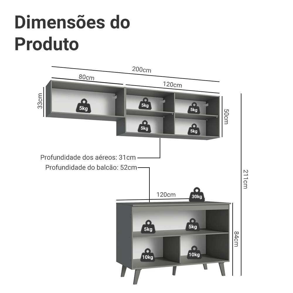 Armário de Cozinha Compacta 200cm Cinza Nice Madesa 01XA