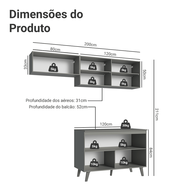 Armário de Cozinha Compacta 200cm Cinza Nice Madesa 01XA