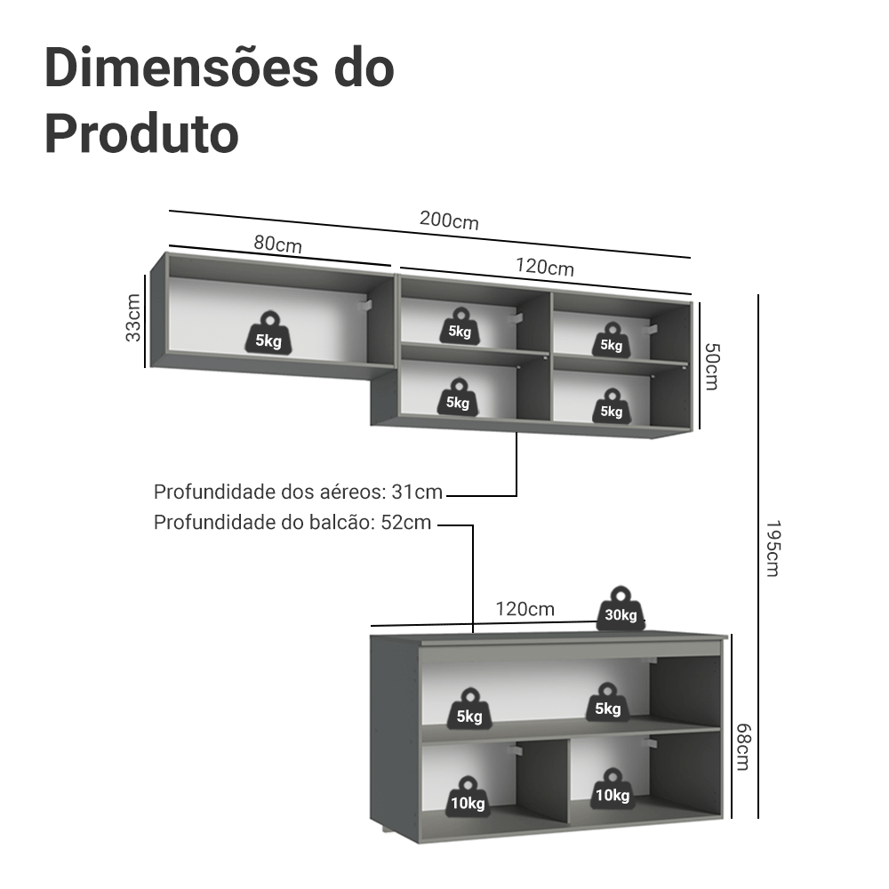 Armário de Cozinha Compacta Suspenso 200cm Cinza Nice Madesa 02XA