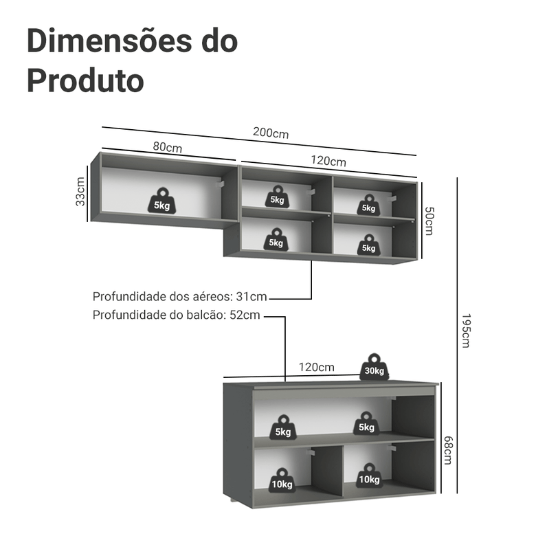 Armário de Cozinha Compacta Suspenso 200cm Cinza Nice Madesa 02XA