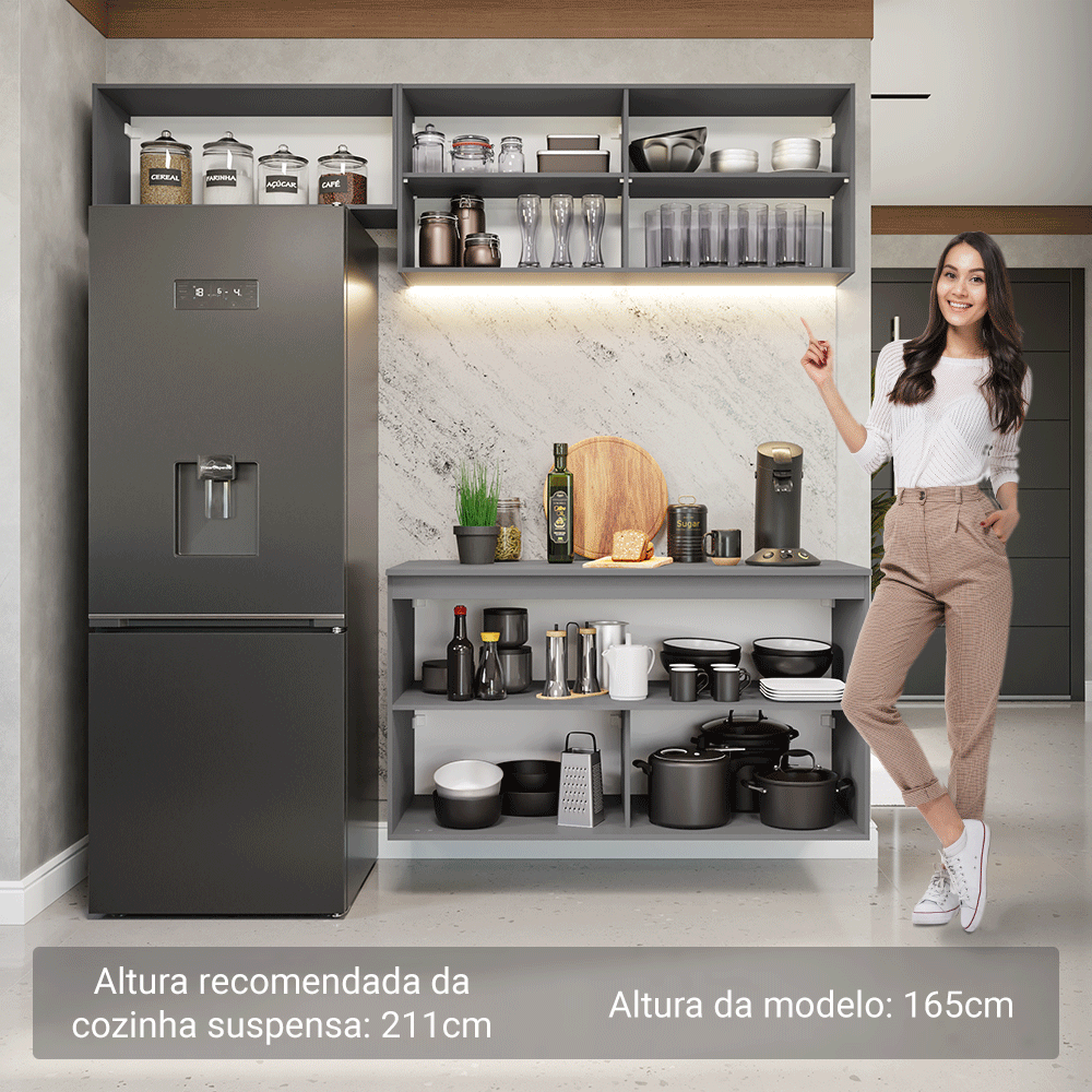 Armário de Cozinha Compacta Suspenso 200cm Cinza Nice Madesa 02XA