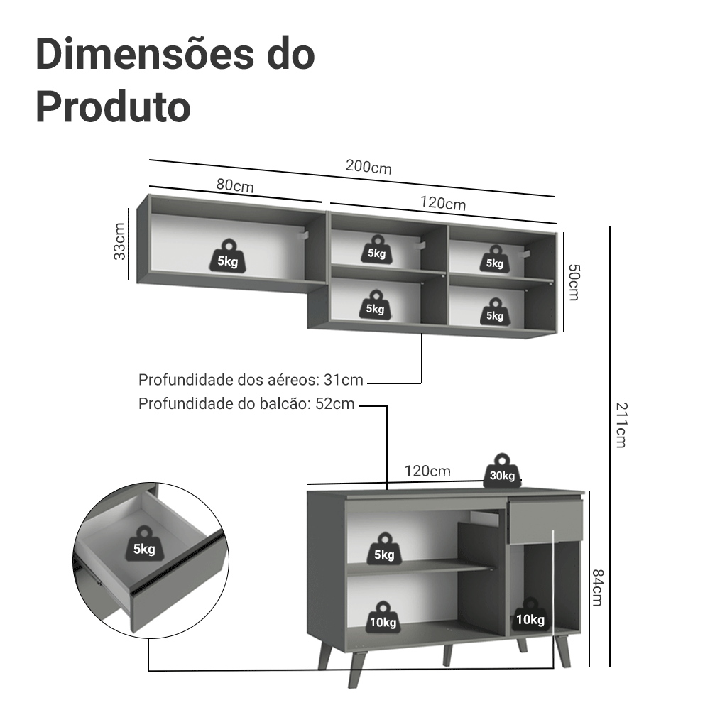 Armário de Cozinha Compacta 200cm Cinza Nice Madesa 03XA
