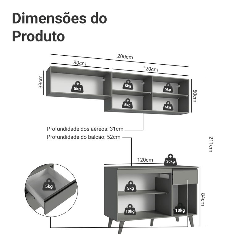 Armário de Cozinha Compacta 200cm Cinza Nice Madesa 03XA