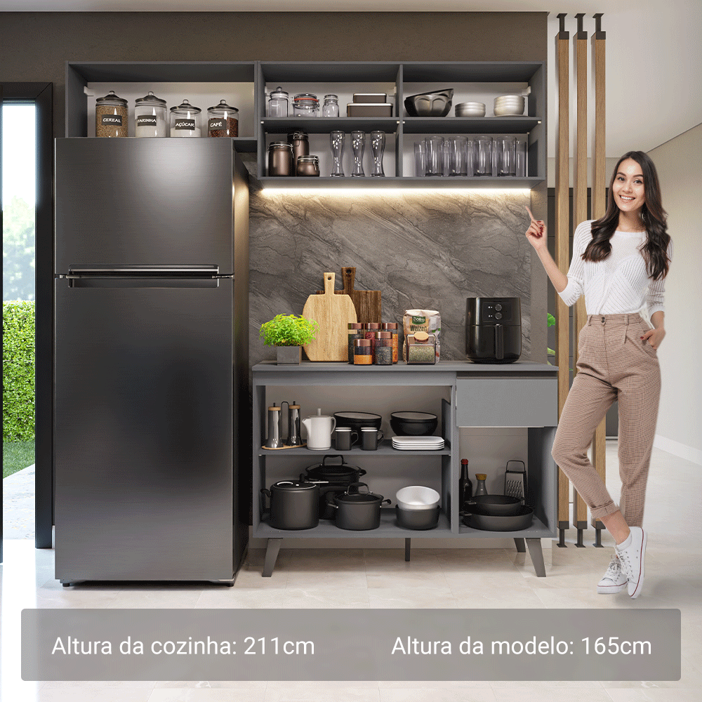 Armário de Cozinha Compacta 200cm Cinza Nice Madesa 03XA