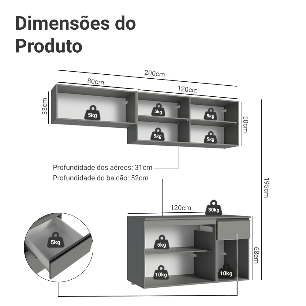 Armário de Cozinha Compacta Suspenso 200cm Cinza Nice Madesa 04XA