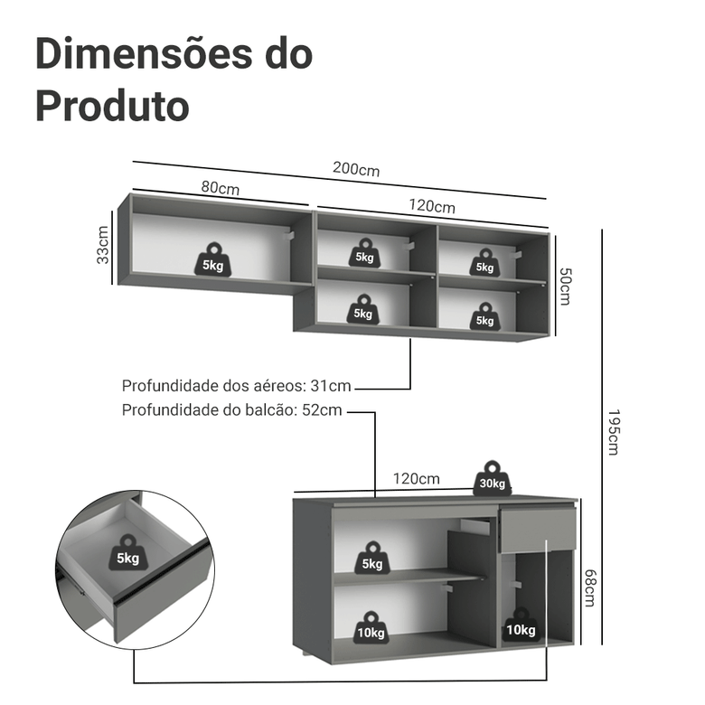 Armário de Cozinha Compacta Suspenso 200cm Cinza Nice Madesa 04XA
