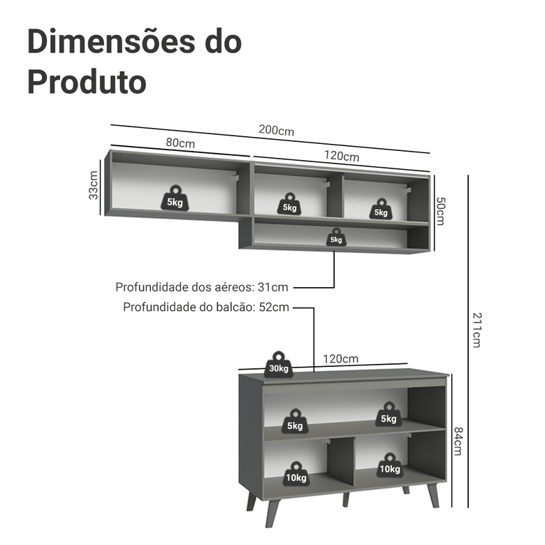 Armário de Cozinha Compacta 200cm Cinza Nice Madesa 10