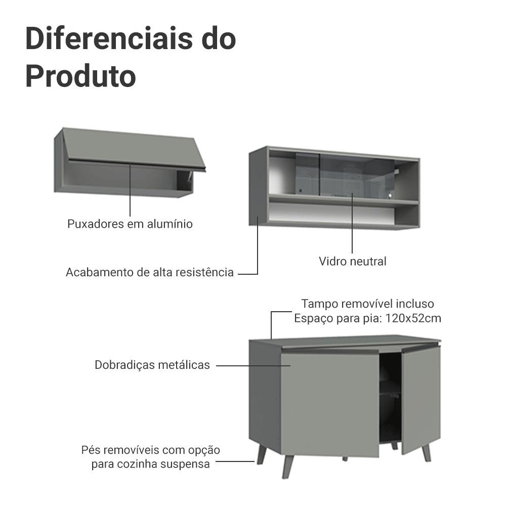 Armário de Cozinha Compacta 200cm Cinza Nice Madesa 10