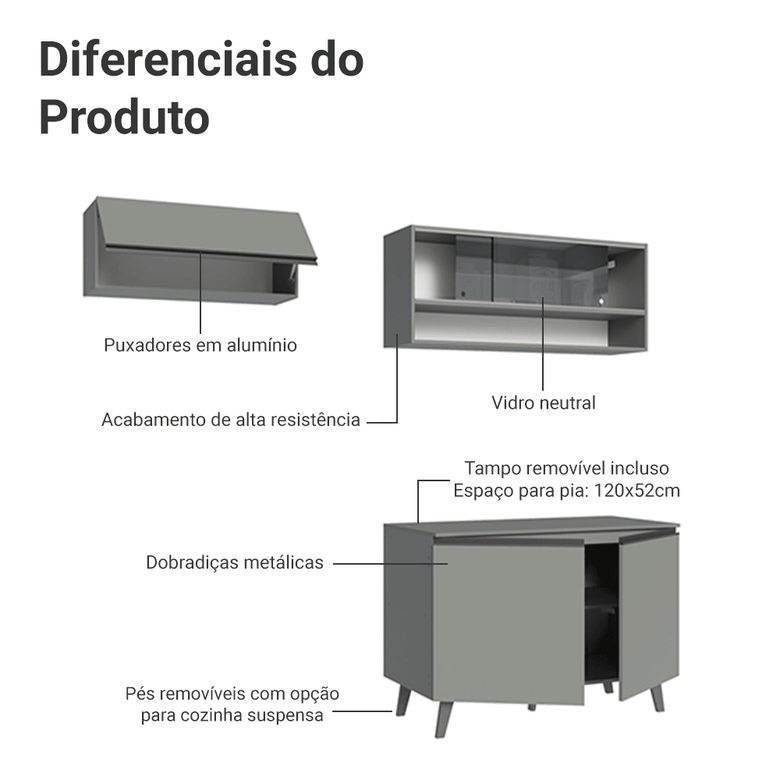 Armário de Cozinha Compacta 200cm Cinza Nice Madesa 10