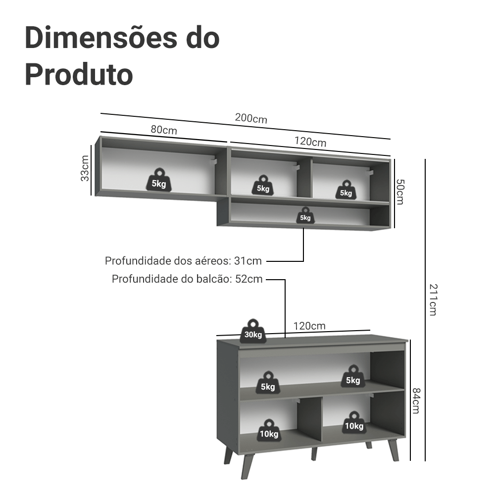 Armário de Cozinha Compacta 200cm Cinza Nice Madesa 09
