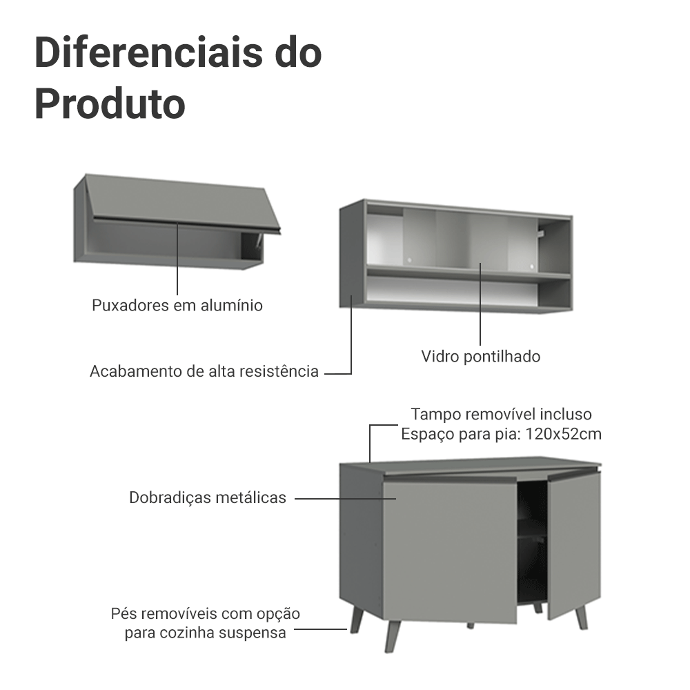 Armário de Cozinha Compacta 200cm Cinza Nice Madesa 09