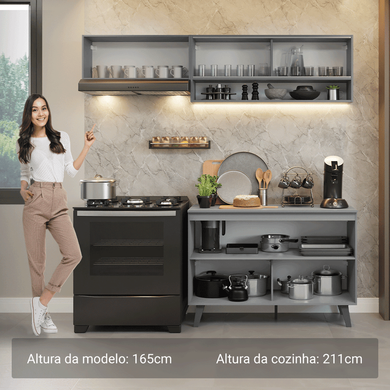 Armário de Cozinha Compacta 200cm Cinza Nice Madesa 09