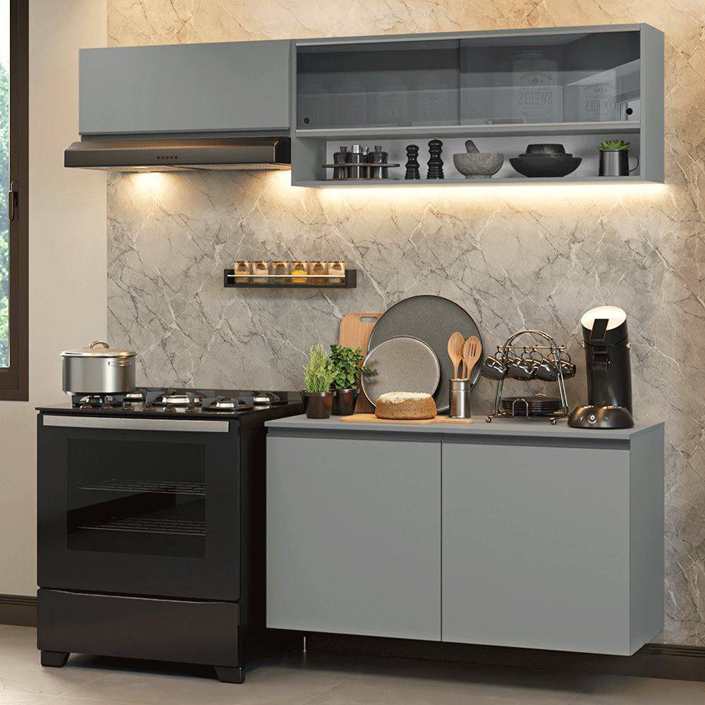 Armário de Cozinha Compacta Suspenso 200cm Cinza Nice Madesa 08 - Cinza