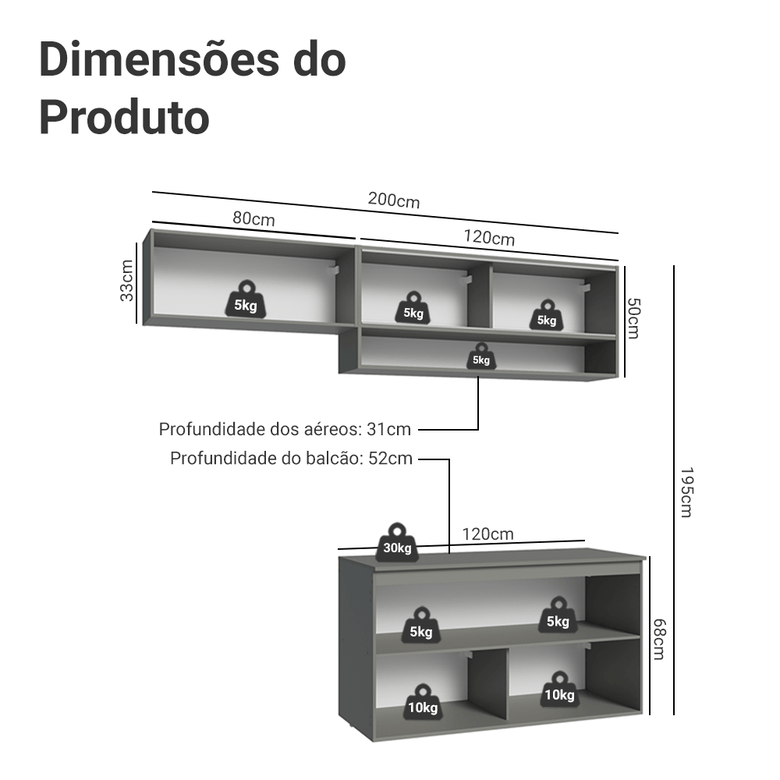 Armário de Cozinha Compacta Suspenso 200cm Cinza Nice Madesa 08