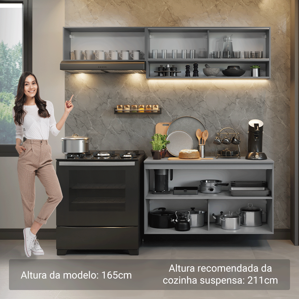 Armário de Cozinha Compacta Suspenso 200cm Cinza Nice Madesa 07