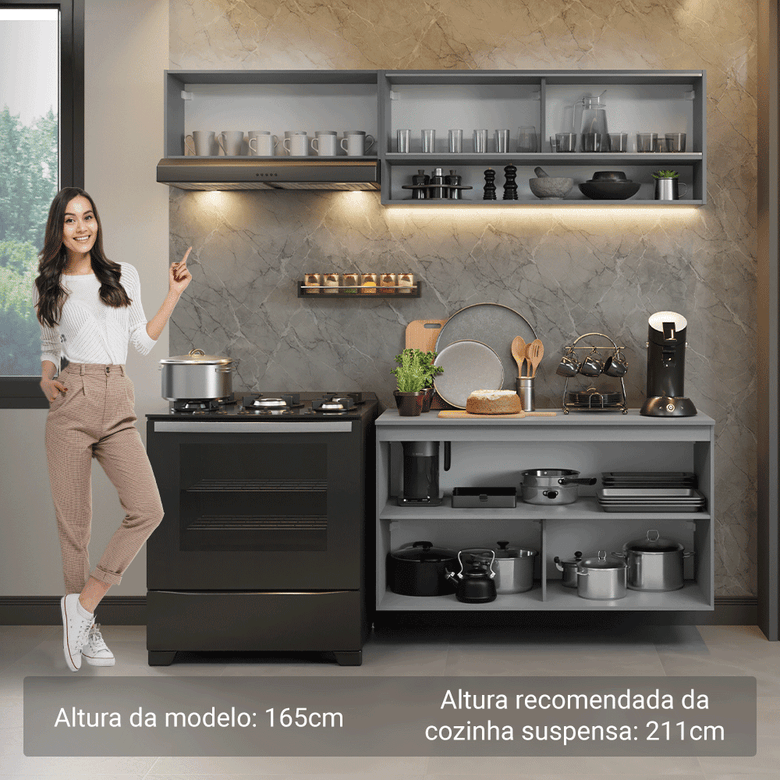 Armário de Cozinha Compacta Suspenso 200cm Cinza Nice Madesa 07