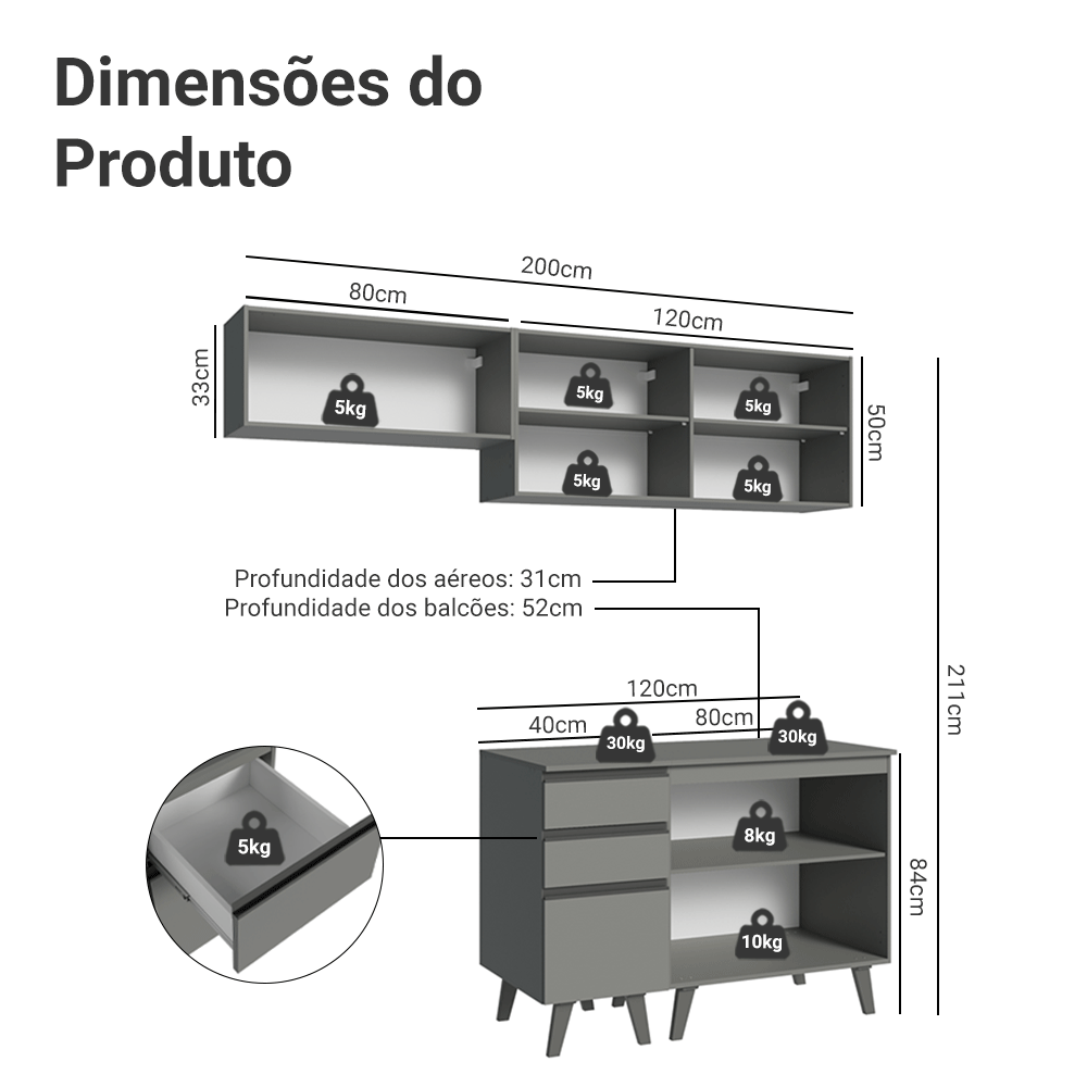 Armário de Cozinha Compacta 200cm Cinza Nice Madesa 06