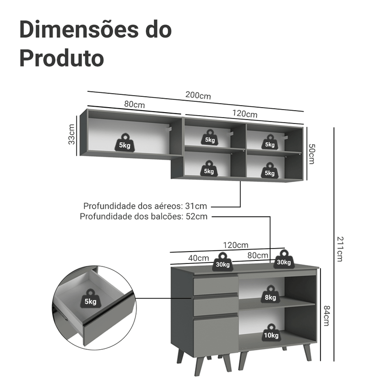 Armário de Cozinha Compacta 200cm Cinza Nice Madesa 06