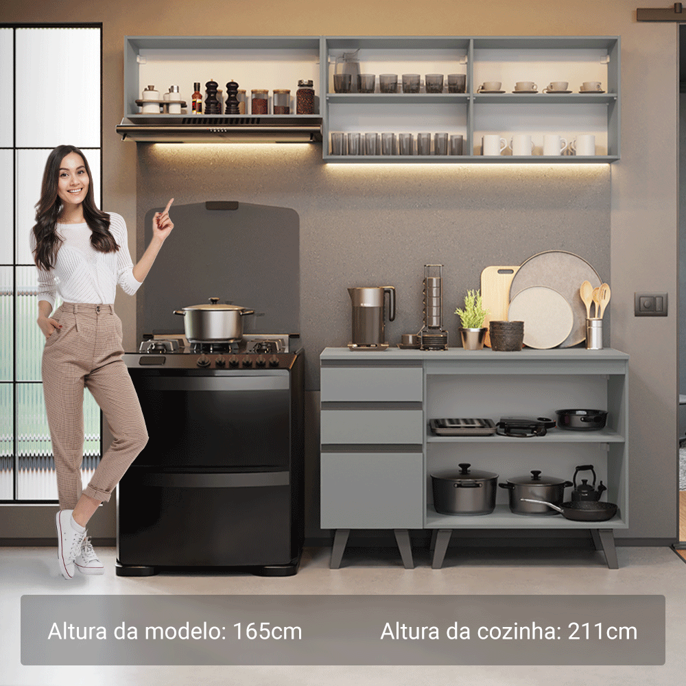 Armário de Cozinha Compacta 200cm Cinza Nice Madesa 06