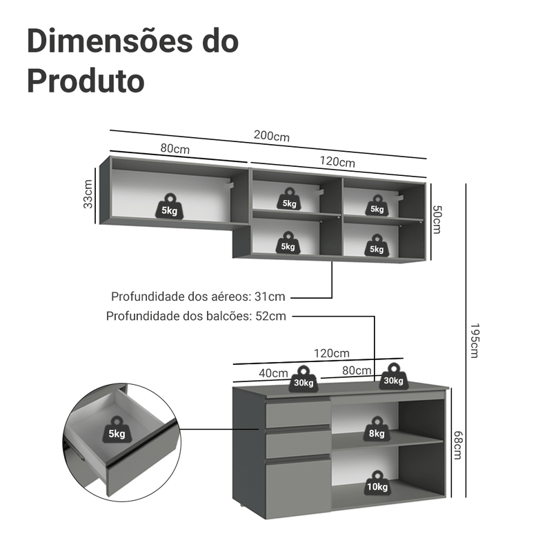 Armário de Cozinha Compacta Suspenso 200cm Cinza Nice Madesa 05