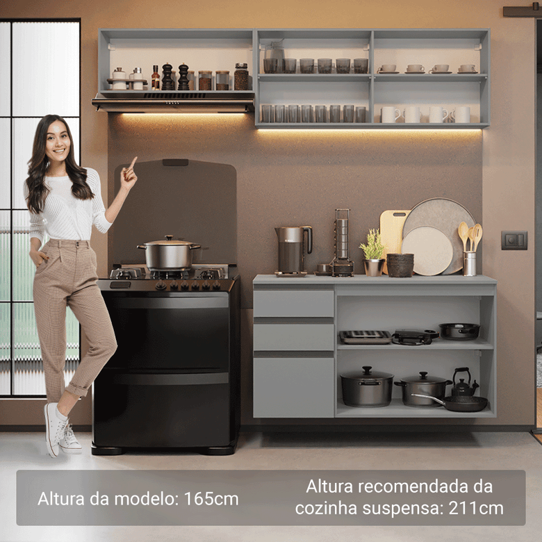 Armário de Cozinha Compacta Suspenso 200cm Cinza Nice Madesa 05