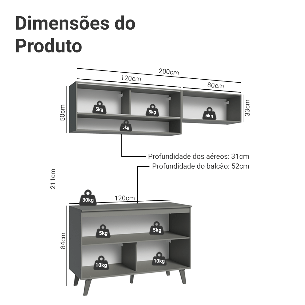 Armário de Cozinha Compacta 200cm Cinza Nice Madesa XA10