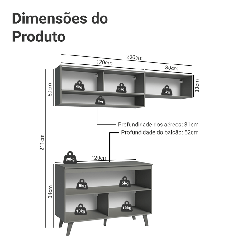 Armário de Cozinha Compacta 200cm Cinza Nice Madesa XA10