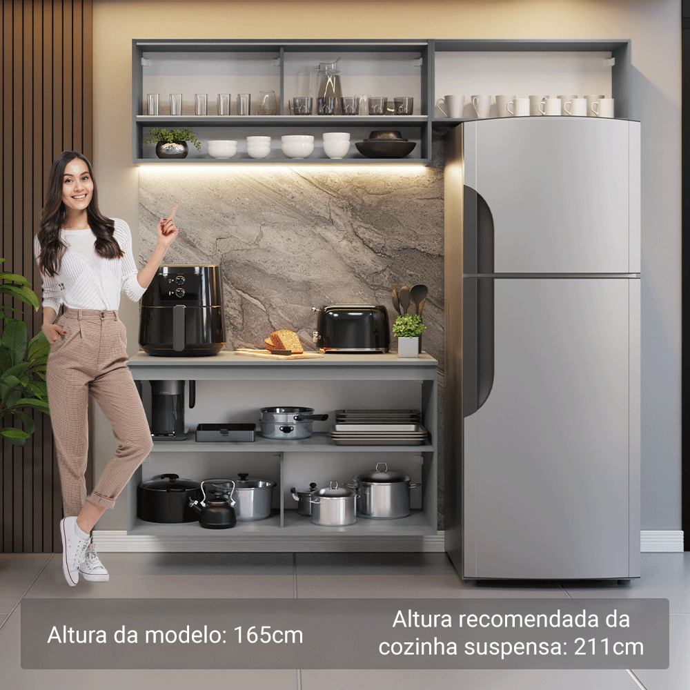 Armário de Cozinha Compacta Suspenso 200cm Cinza Nice Madesa XA08