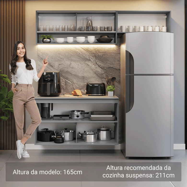 Armário de Cozinha Compacta Suspenso 200cm Cinza Nice Madesa XA08