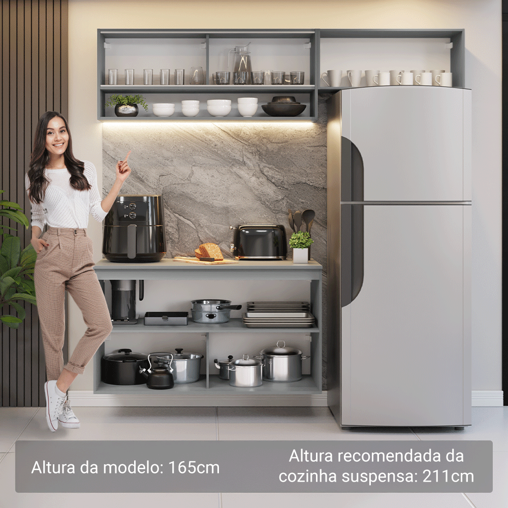 Armário de Cozinha Compacta Suspenso 200cm Cinza Nice Madesa XA07