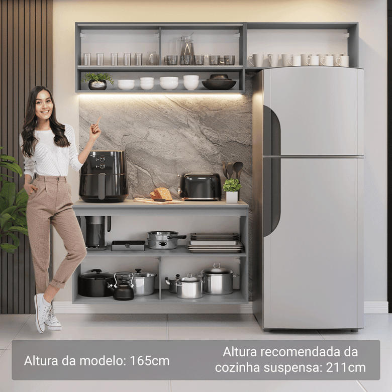Armário de Cozinha Compacta Suspenso 200cm Cinza Nice Madesa XA07