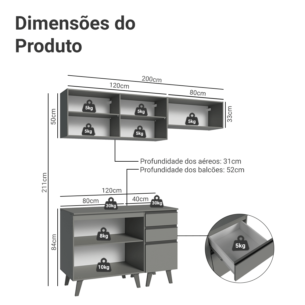 Armário de Cozinha Compacta 200cm Cinza Nice Madesa XA06