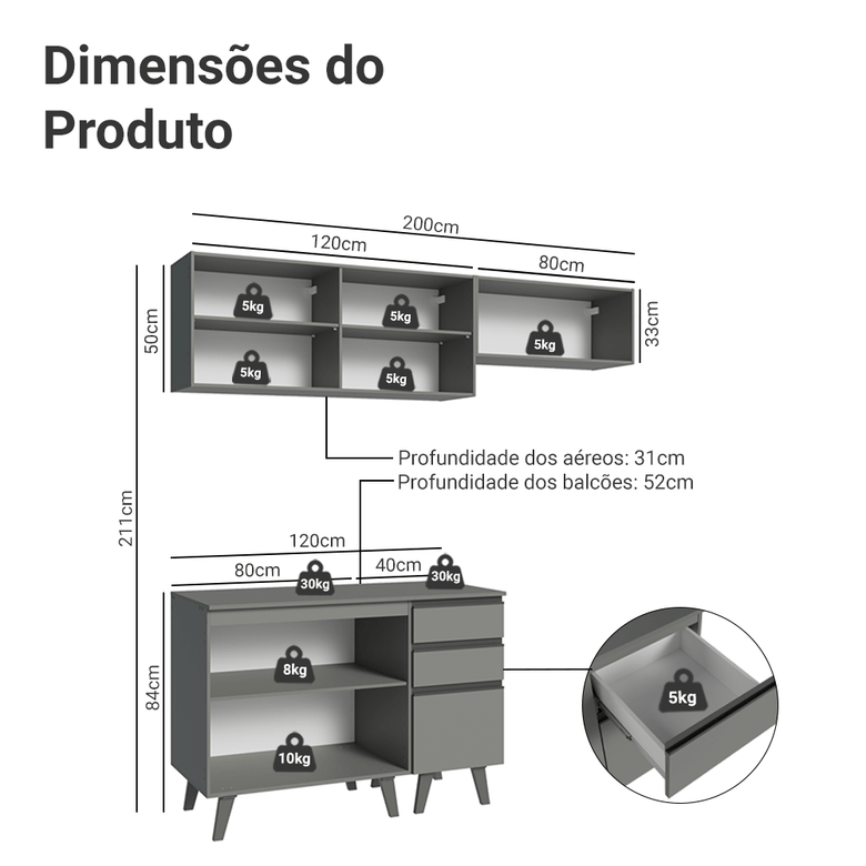 Armário de Cozinha Compacta 200cm Cinza Nice Madesa XA06