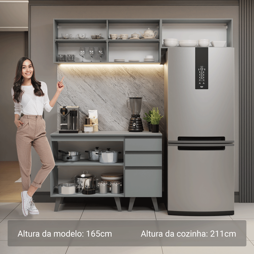 Armário de Cozinha Compacta 200cm Cinza Nice Madesa XA06