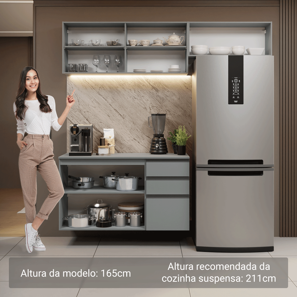 Armário de Cozinha Compacta Suspenso 200cm Cinza Nice Madesa XA05