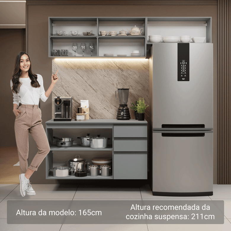 Armário de Cozinha Compacta Suspenso 200cm Cinza Nice Madesa XA05