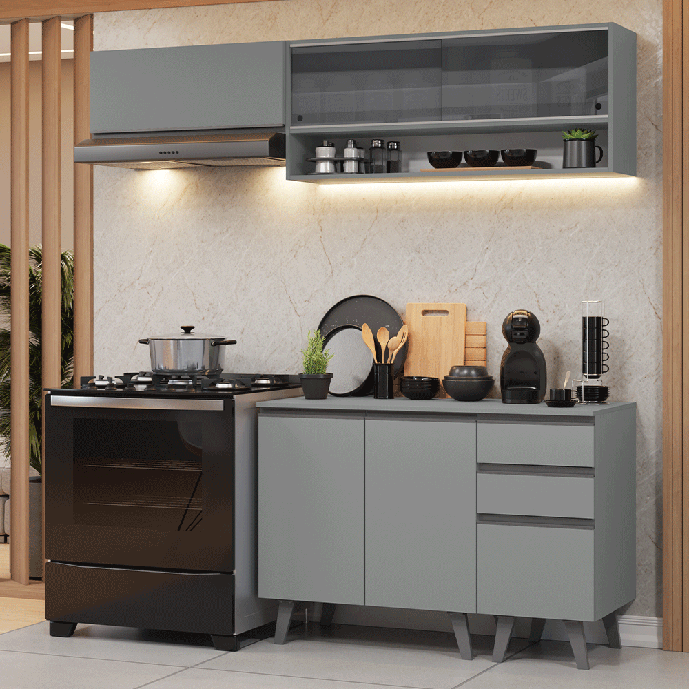 Armário de Cozinha Compacta 200cm Cinza Nice Madesa 14 - Cinza