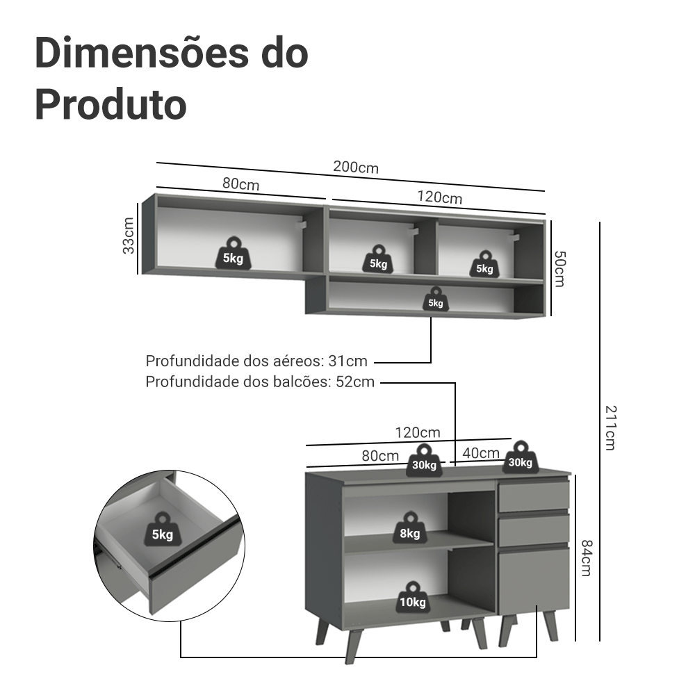 Armário de Cozinha Compacta 200cm Cinza Nice Madesa 14