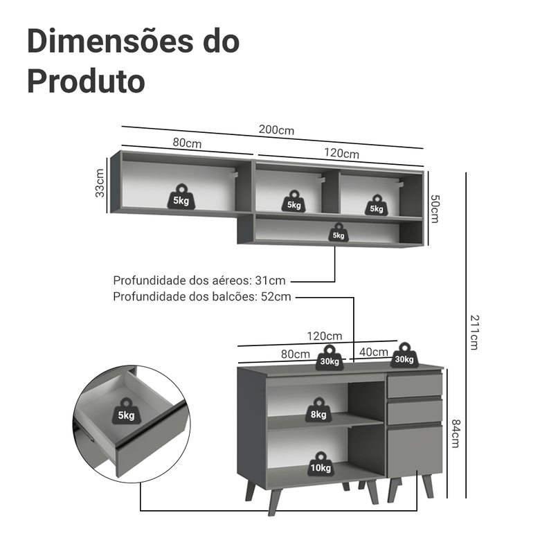 Armário de Cozinha Compacta 200cm Cinza Nice Madesa 14