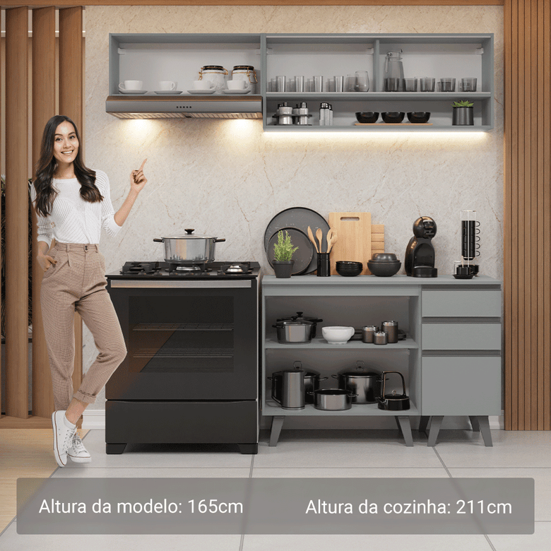 Armário de Cozinha Compacta 200cm Cinza Nice Madesa 14