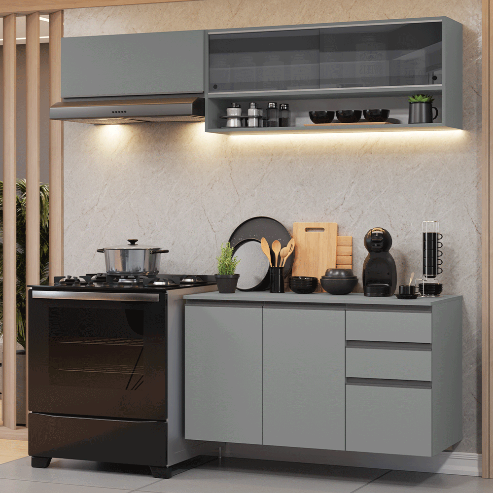 Armário de Cozinha Compacta Suspenso 200cm Cinza Nice Madesa 12 - Cinza