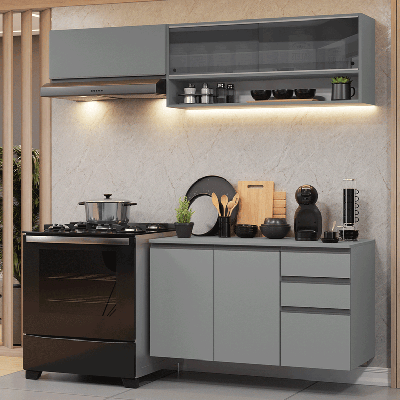 Armário de Cozinha Compacta Suspenso 200cm Cinza Nice Madesa 12